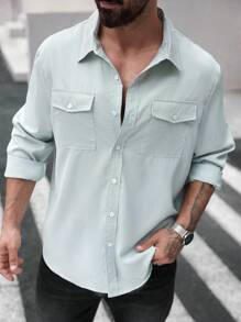 Manfinity Homme Áo sơ mi nam sọc dài tay túi hộp cỡ lớn thường ngày, mùa thu - màu xanh lá - Xem 4