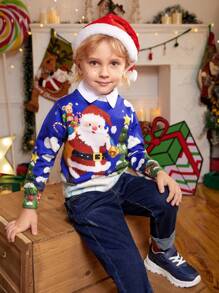 SHEIN Young Boy Christmas Sweater, New Winter Collection, Santa Claus Cartoon Pattern, Adorable Blue Tone, Unique Display, Suitable For Everyday Wear, Outings, And Various Occasions