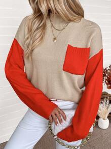 Chiquease Damen Herbst Stehkragen Farbblock Dropped Shoulder Langarm Taschen Lässiger Loose Pullover, Strickpullover Herbst Winter - Aprikosenfarben - Übersicht 4