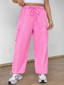 Flirla Plus Size Women's Elastic Waist Drawstring Cargo Pockets Pants With Contrast Trim Fall Cloth For Women - Pink - View 3