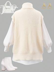 2pcs Teen Girls' Casual Solid High Neck Sweater Vest & Long Sleeve Shirt Set, Autumn Winter - Multicolor - View 2