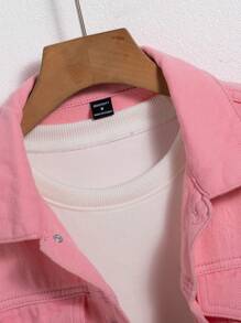 Manfinity Homme Áo khoác denim giản dị dáng rộng một hàng khuy cho nam, mùa thu - Hồng - Xem 8