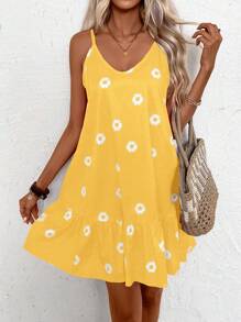 EMERY ROSE Women Daisy Flower Print Ruffle Hem Casual Cami Dress - Yellow - View 5