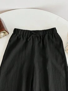 SHEIN LMoss Kids LMoss 少女纹理面料抽绳松紧腰宽松阔腿裤 - 黑色 - 查看 4
