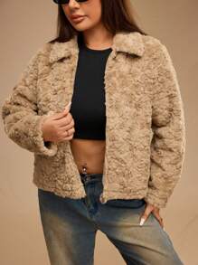 Forever 21 Plus Size Fluffy Women's Fluffy Zip-Up Warm Coat, Autumn And Winter - Camel - View 2