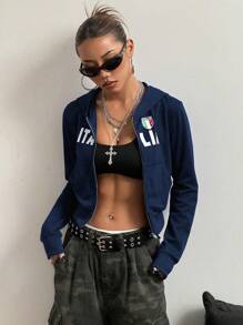 StreetHx Women's Letter Print Hooded Zipper Front Long Sleeve Sweatshirt With Pockets,Graduation,Teacher,Back To School Pullover Fall - Navy Blue - View 6