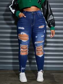 SHEIN SXY Plus Size Front Button Pocket Distressed Simple Denim Jeans, Casual Everyday Wear - Dark Wash - View 5