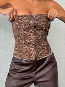 EURMUSE 女士夏季休闲街头豹纹拉链短款牛仔上衣 - 彩色 - 查看 3