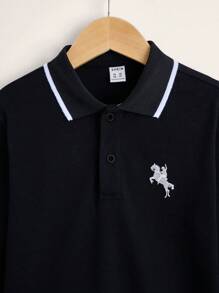 SHEIN Leap Crew Tween Boy Horse Embroidery Contrast Trim Polo Shirt - Black - View 4