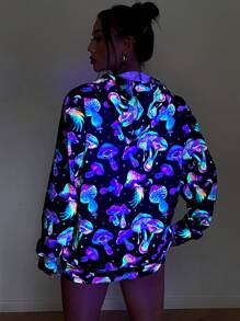 Flirla Black Fluorescent Mushroom Digital Print Hoodie Sweatshirt With Kangaroo Pocket And Drop Shoulder Casual Sports Wear,Long Sleeve Tops