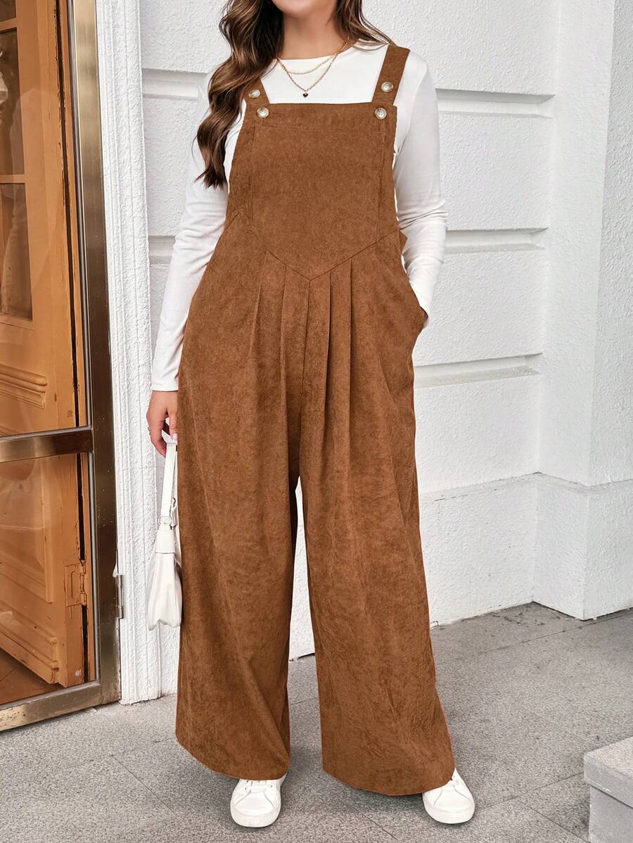 SHEIN Essnce 大码女士镂空服装感恩节女装秋装万圣节女装秋装曲线万圣节女装女士健身服秋冬秋季女装时尚休闲通勤南瓜色卡其色长款连体背带裤带口袋 - 卡其色 - 查看 1