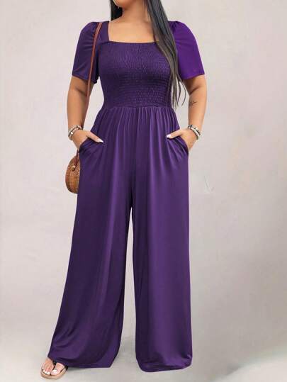 EMERY ROSE Mono de unicolor con cuello cuadrado, bolsillos y pierna ancha suelta para mujer de talla grande