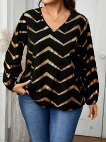 SHEIN LUNE Damen Herbstoutfits, Langarm-Blusen, Damenblusen in Große Größen, V-Ausschnitt Langarm minimalistische Lässig Tops, Party Kleidung, Pailletten, Pendler Damen Hemden, Urlaubsoutfit