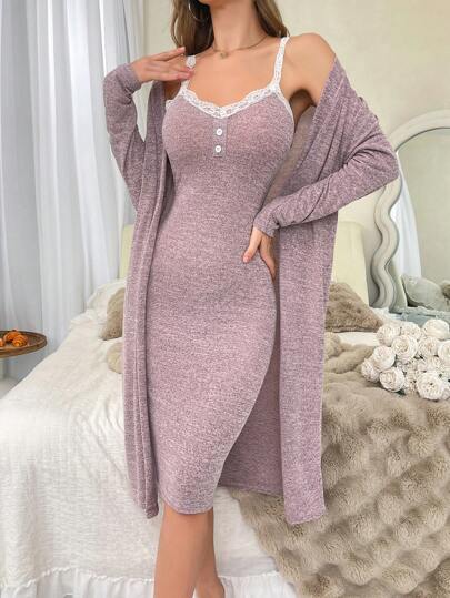 Ladies Elegante Contrast Kanten Cami Nightgown Robe Sleep Pajama Set, Lounge Fall Clothes Cozy view 4