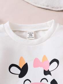 SHEIN 2 件秋季女宝宝可爱奶牛图案圆领运动衫和运动裤套装 - 白色 - 查看 3