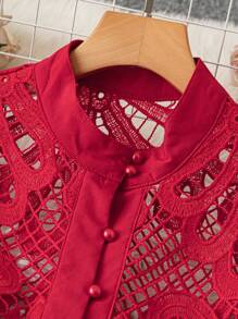 SHEIN Clasi Women's Casual Hollow-Out Water-Soluble Lace Front Button Decorated Blouse, Autumn For New Year Holiday Party Clothes Women Shirt