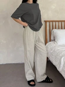 DAZY Bộ đồ ngủ, áo phông và quần kẻ sọc đơn giản - Màu xám đen - Xem 5