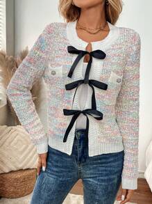 EMERY ROSE 女式宽松休闲长袖开衫，带蝴蝶结和口袋，适合秋冬季