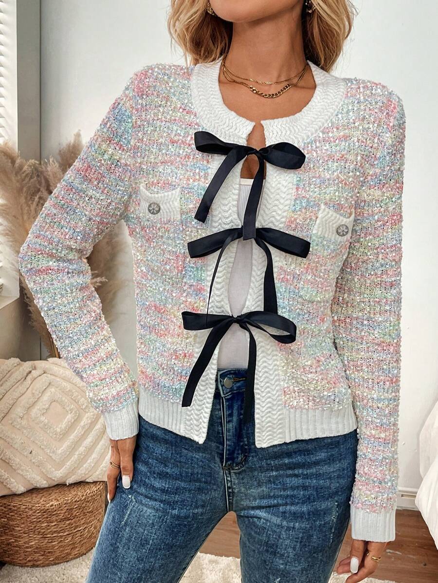 EMERY ROSE 女式宽松休闲长袖开衫，带蝴蝶结和口袋，适合秋冬季