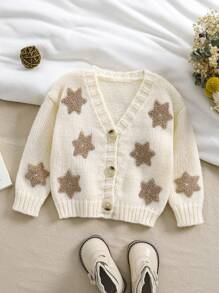 SHEIN Baby Girl Khaki Fuzzy Snowflake & Star Pattern Adorned Soft Beige Fabric Elegant Cardigan, Suitable For Autumn/Winter, For Christmas - Beige - View 1