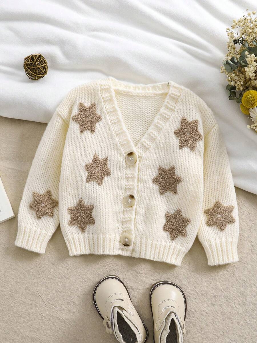 SHEIN Baby Girl Khaki Fuzzy Snowflake & Star Pattern Adorned Soft Beige Fabric Elegant Cardigan, Suitable For Autumn/Winter, For Christmas - Beige - View 1