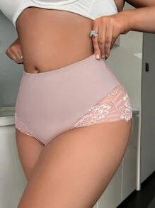 大码女式蕾丝拼接塑身衣高腰瘦身裤 - 杏色 - 查看 4