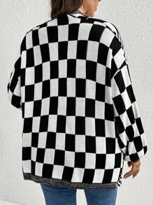 Elenzga Plus Size Women's Checkerboard Pattern Loose Cardigan, For Winter - Black - View 2