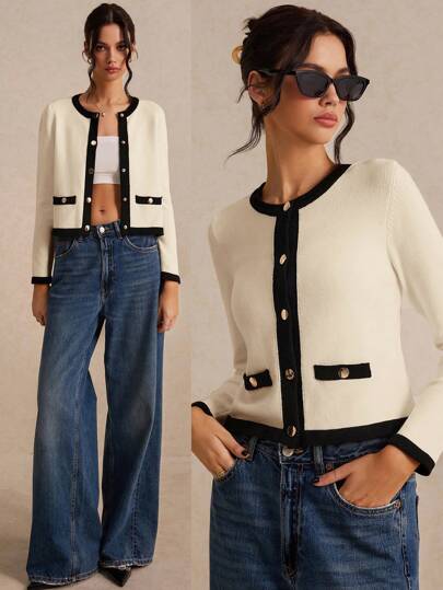 Poéselle 女款拼色长袖饰金属纽扣前针织开衫，宽松优雅长袖羊毛针织开衫，短款长袖开衫，柔软保暖的针织上衣，小香风针织上衣，适合休闲、正式和优雅的场合，适合春秋季节