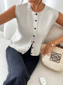 SHEIN Frenchy Women Casual Single-Breasted Textured Knit Sweater Vest,French Round Neck Sleeveless Color Clash Button Knit Sweater Top,Thanksgiving Women Outfit,White Tank Women Top ,Going Out Tops,Elegant Women Dresses White Button Up Top