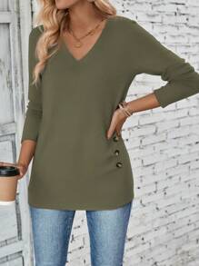 SHEIN LUNE Solid V-Neck Button Casual Versatile Long Sleeve T-Shirt - Olive Green - View 5