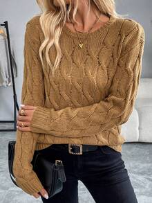 Chiquease Áo len chui đầu dài tay cổ tròn màu trơn thường ngày - Cà phê nâu - Xem 7