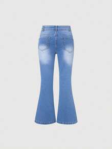 SHEIN Tween Girls' Cute And Playful Flower Pattern Jeans - Medium Wash - View 2