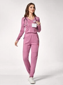TaskEZ Contrast Color V-Neck Long Sleeve Top And Pocket Pants Casual Uniform Scrub Set