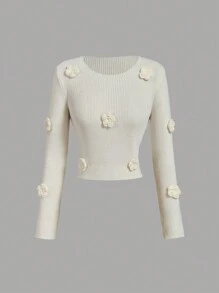 SHEIN MOD 圆领装饰3D花卉杏色毛衣，秋冬毛衣，优雅毛衣，约会装，冬季上衣，保暖，冬季女装 - 杏色 - 查看 1