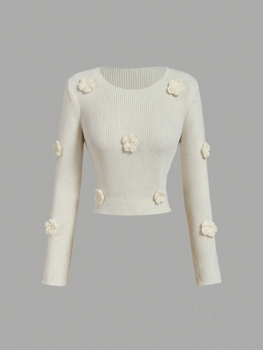 SHEIN MOD 圆领装饰3D花卉杏色毛衣，秋冬毛衣，优雅毛衣，约会装，冬季上衣，保暖，冬季女装 - 杏色 - 查看 1