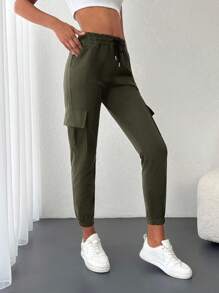 EURMUSE Flap Pocket Side Drawstring Waist Cargo Sweatpants - Khaki - View 4