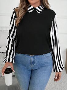 SHEIN Clasi Blusa casual minimalista de manga larga con parches lisos en tallas grandes - Negro - Ver 7