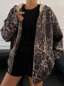 DAZY 女士花卉印花宽松连帽拉链抓绒外套，猎豹纹印花，秋季女装豹纹印花