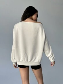 Aloruh Women's Fall Top Fashion Commuting Casual Loose Daily Sports Street Asymmetric Collar Drop Shoulder Loose Letter Print Long Sleeve Knitted Sweatshirt Apricot Sweatshirt Thin Sweatshirt Top, Spring And Autumn