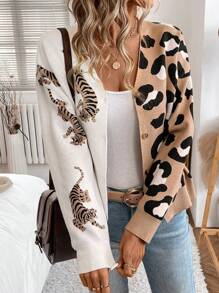 SHEIN LUNE 女式休闲豹纹虎纹长袖基本款开衫，秋冬 - 彩色 - 查看 6