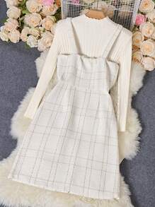 Chiquease 女士优雅格子吊带连衣裙，秋季 - 白色 - 查看 2