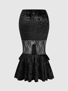 ROMWE Gothic Palace Style Contrast Lace Plus Size Mermaid Velvet Maxi Skirt - Black - View 2