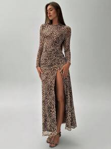 Aloruh Women's Fall Dress Elegant Romantic Party Daily Casual Commuting Business Street Leopard Print Knitted Print Animal Print Print Side Slit Long Sleeve Round Neck Leopard Print Dress Maxidress Bodycon Dress
