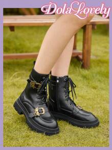 Dola Lovely Women's Fashionable Elegant Casual Round Toe Black Thick Sole Lace-Up Motorcycle Boots With Buckle Classic Sexy Outdoor British Style Riding Boots - Black - View 3
