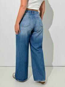 EURMUSE Plus High Waist Wash Detailed Straight Jean - Medium Wash - View 2