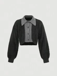 SHEIN MOD Pull femme noir et gris doux 2 en 1, manches longues, pull col cranté femme pour l'automne/l'hiver, pour le retour au foyer, décontracté chic, coupe courte, style gothique - Noir - Voir 1
