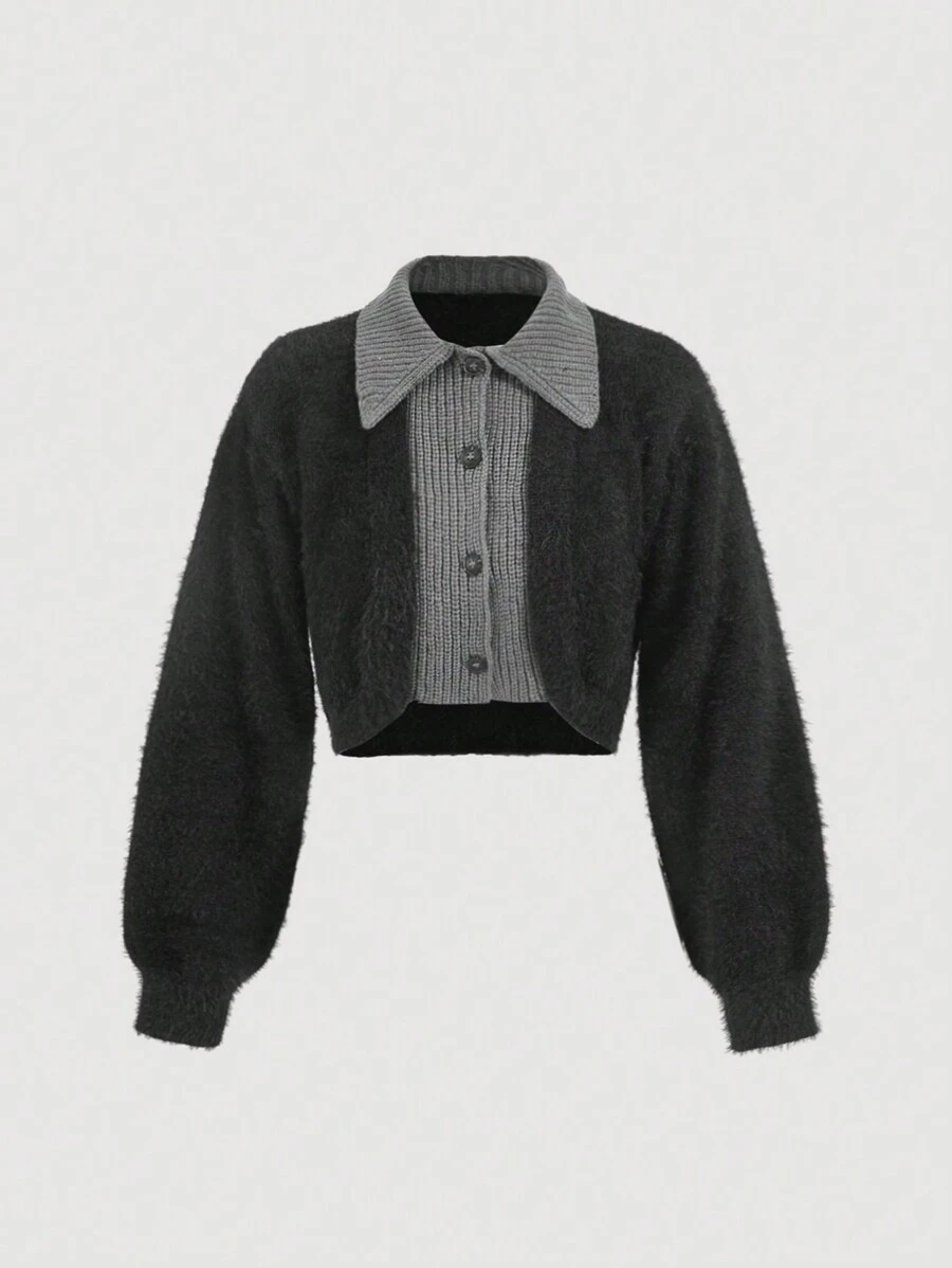 SHEIN MOD Pull femme noir et gris doux 2 en 1, manches longues, pull col cranté femme pour l'automne/l'hiver, pour le retour au foyer, décontracté chic, coupe courte, style gothique - Noir - Voir 1