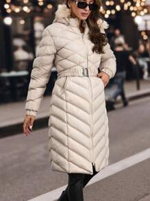 EURMUSE Fur Hoodie Belted Long Padded Coat For Winter - Beige - View 5