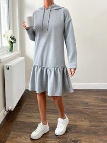 RueChic Drop Shoulder Ruffle Hem Drawstring Hooded Dress - Grey - View 5