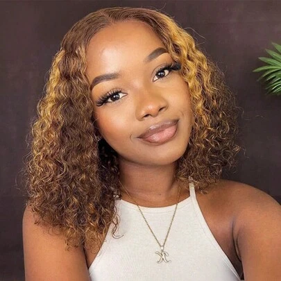 P4/27 Highlight Water Wave Bob 13x4 Human Hair Brazilian Wavy Lace Front Wigs For Women Honey Blonde Colored Wet And Wavy Full Frontal Short Bob Transparent Lace With Baby Hair